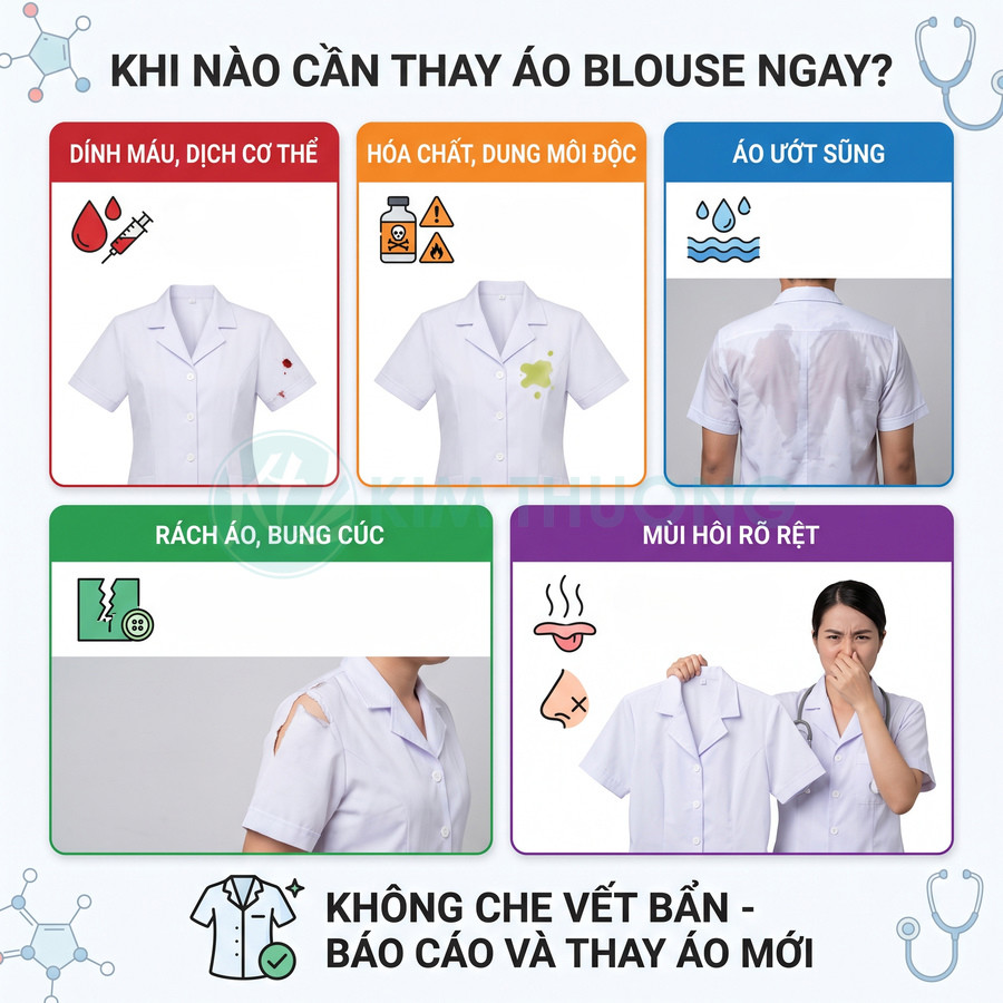 Các trường hợp cần thay áo blouse y tế mới khi áo dính máu, hóa chất, ướt sũng, rách hoặc có mùi hôi